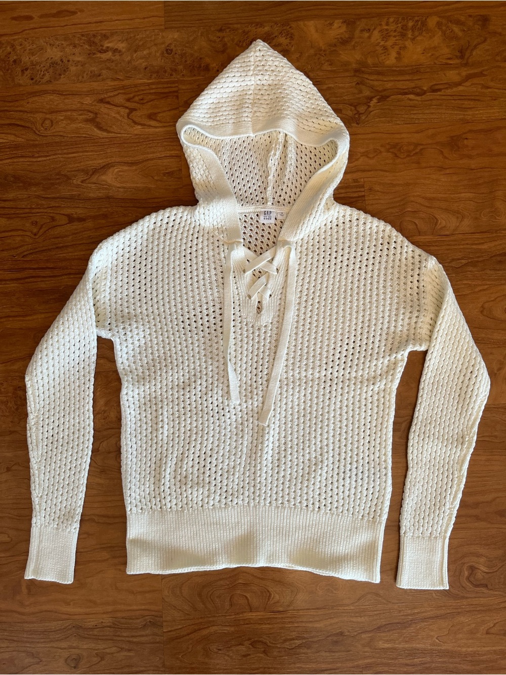GAP Cream Hooded Lace-Up Open Knit Sweater